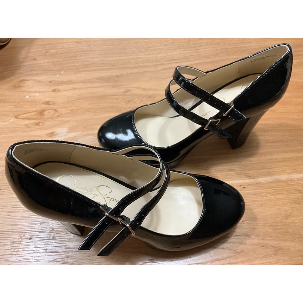 Jessica Simpson Black Patent Double Strap Mary Jane Block Heel Pumps 9.5